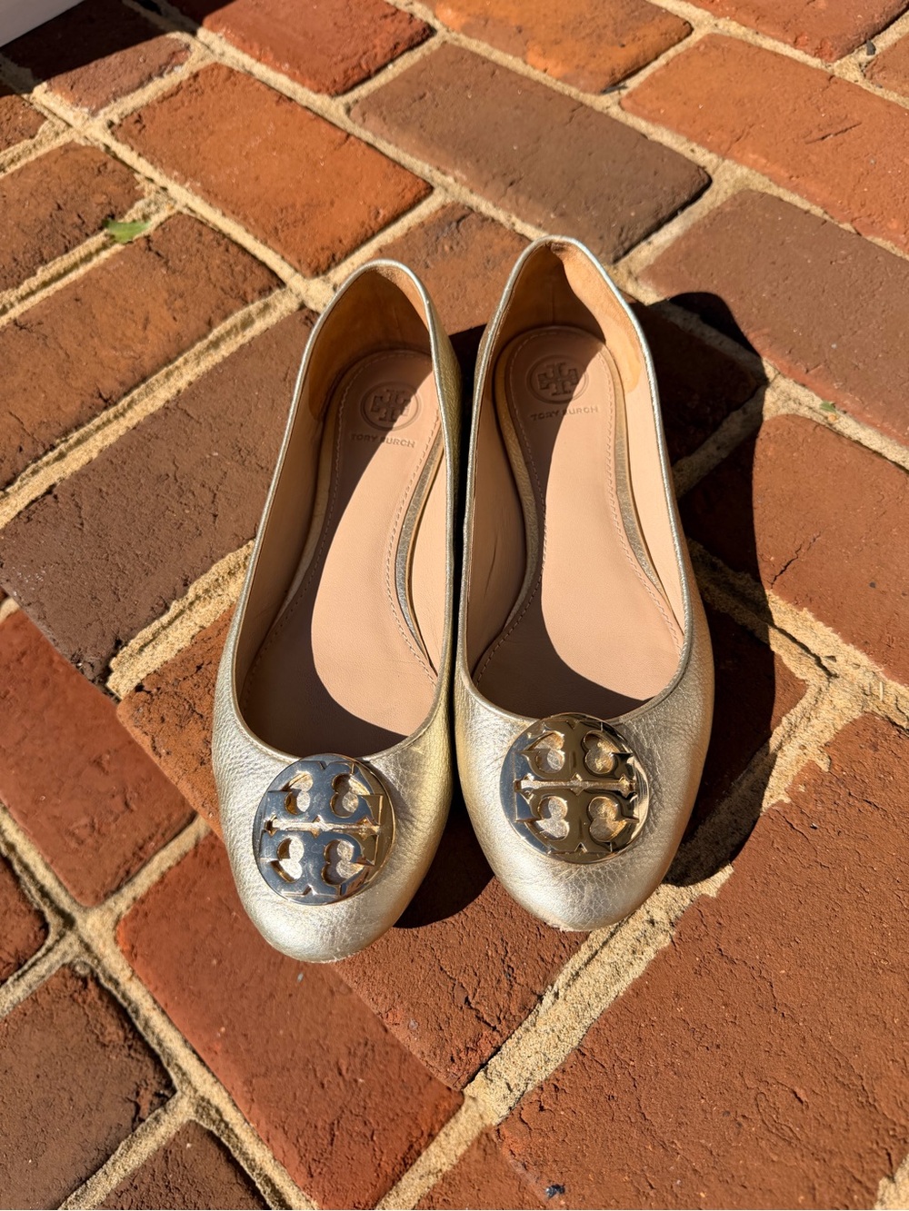 Tory Burch Metallic Gold Logo Round-Toe Ballet Flats